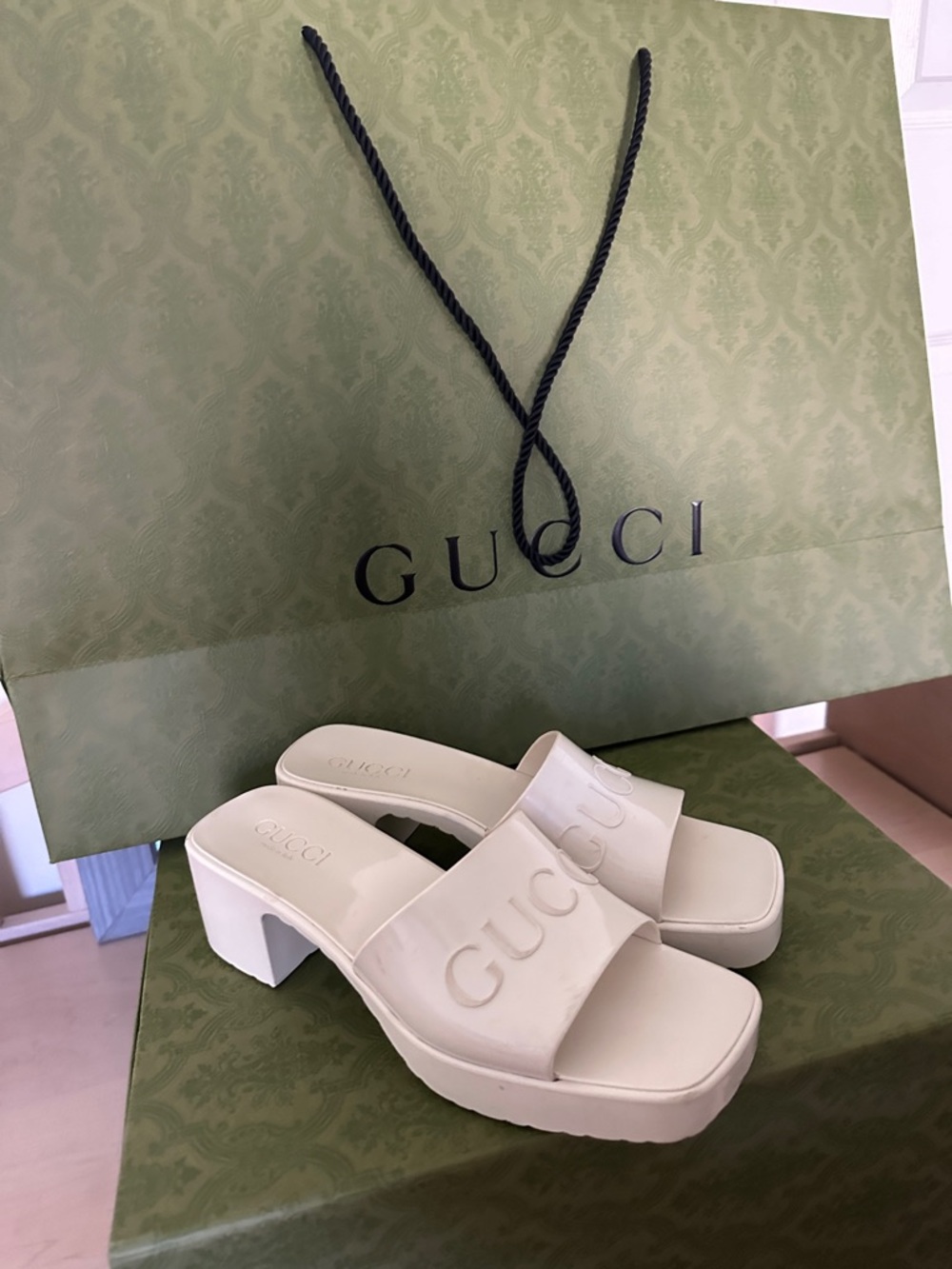 Gucci White Embossed Logo Slide Mules - Picture 7 of 10